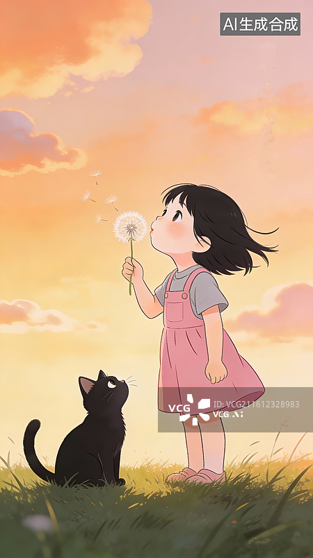 【AI数字艺术】可爱的卡通风格，黑色短发的小女孩站在草地上，微微仰头，正吹着手中的蒲公英，身旁有一只黑色猫咪图片素材