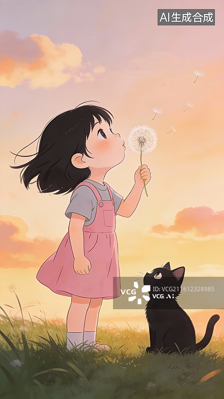 【AI数字艺术】可爱的卡通风格，黑色短发的小女孩站在草地上，微微仰头，正吹着手中的蒲公英，身旁有一只黑色猫咪图片素材