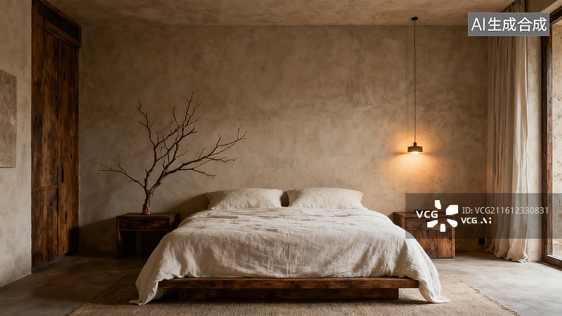 【AI数字艺术】《侘寂风水泥墙枯枝装饰木质床卧室场景》图片素材