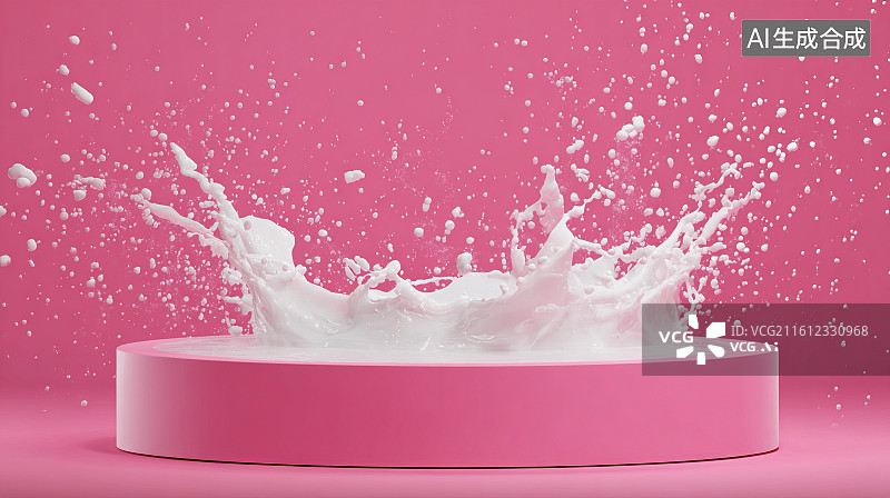 【AI数字艺术】粉背景下的白色奶泡粉色展示台场景图片素材
