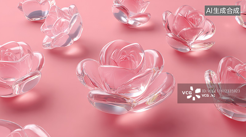 【AI数字艺术】透明粉红色玫瑰水晶摆件图片素材
