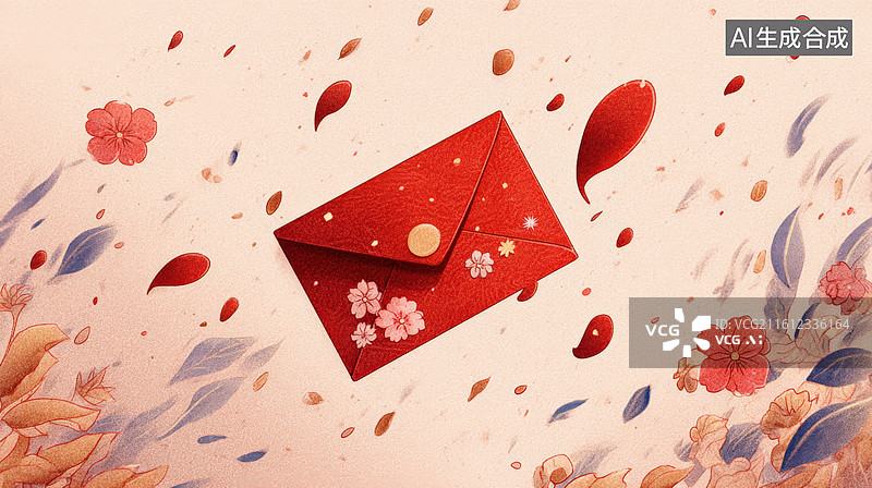【AI数字艺术】红信封与樱花设计图片素材