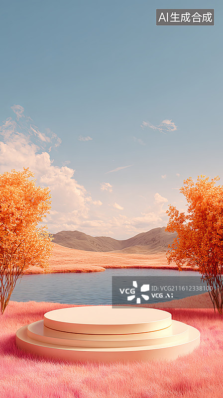 【AI数字艺术】粉色草地上的圆形平台图片素材