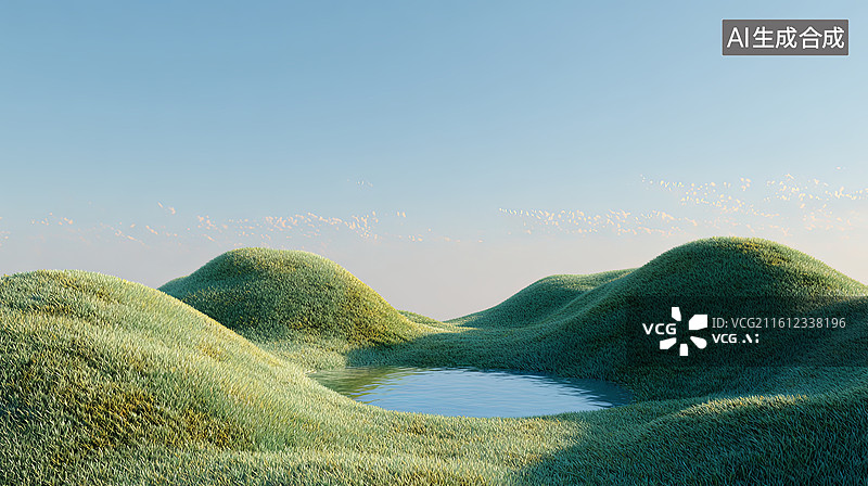【AI数字艺术】绿丘环绕的静谧水潭图片素材