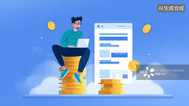 【AI数字艺术】人物坐在金币上使用笔记本电脑图片素材
