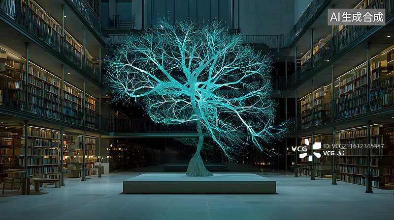 【AI数字艺术】发光树置于图书馆中央图片素材
