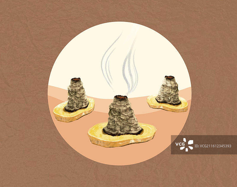 中医隔姜灸艾塔艾灸扁平插画无边框人体医疗圆形手部特写写实复古中国风图片素材