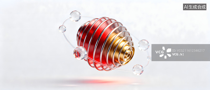 【AI数字艺术】红金螺旋球体与透明光球图片素材