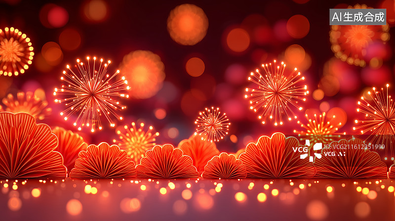【AI数字艺术】红色烟花与扇形装饰的节日场景图片素材