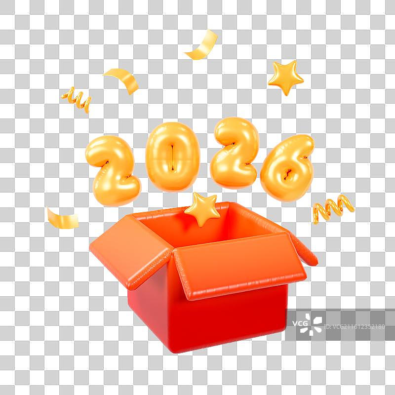 3D立体打开的纸箱弹出2026数字元旦春节促销元素图片素材