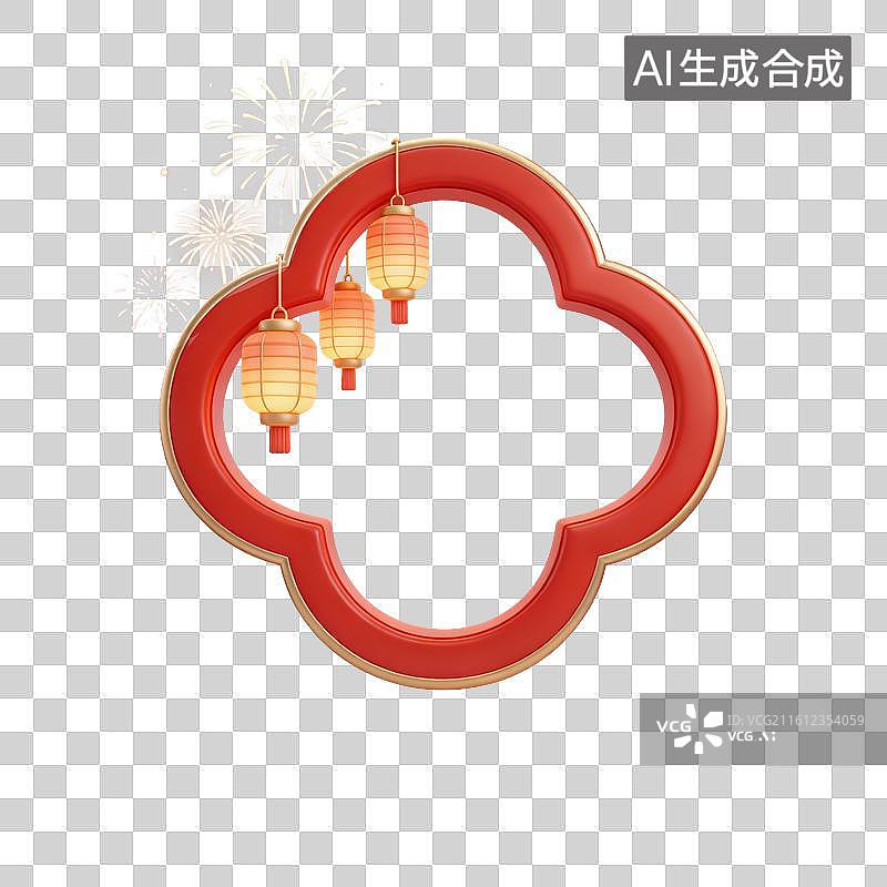 【AI数字艺术】3D卡通中式窗框装饰—烟火与灯笼图片素材