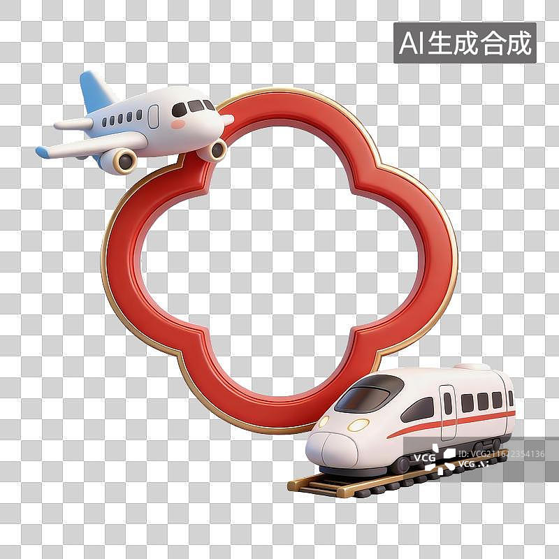 【AI数字艺术】3D卡通中式窗框装饰—客机与高铁图片素材