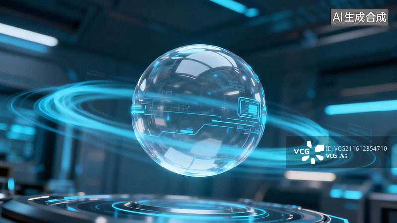 【AI数字艺术】悬浮透明球体科技场景图片素材