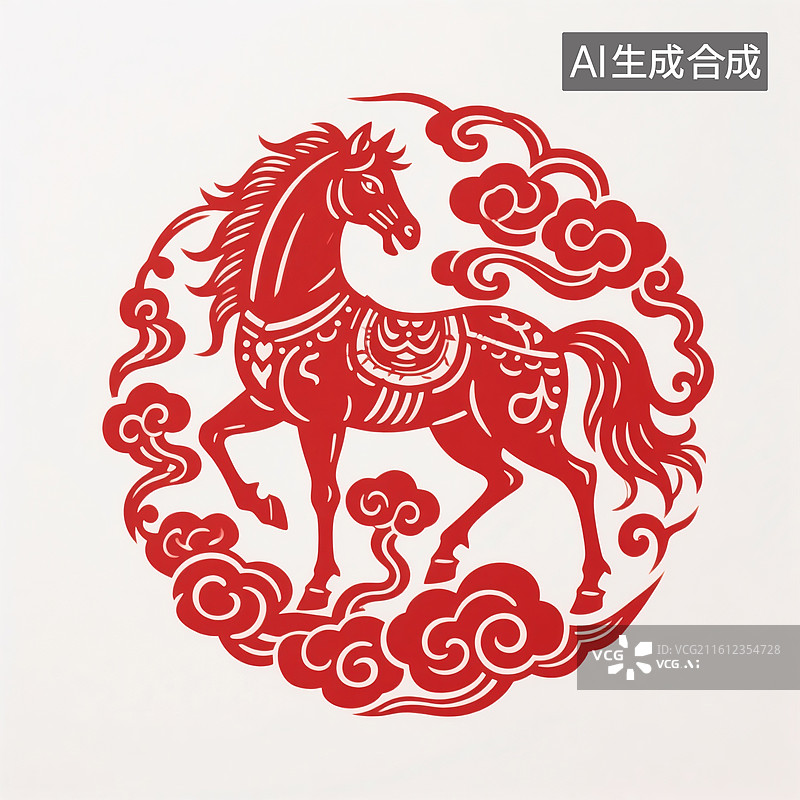 【AI数字艺术】中国风红色剪纸，窗花，马年，马，十二生肖，传统图案，花纹图片素材