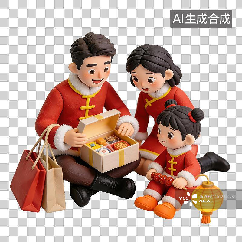 【AI数字艺术】3D立体春节过年除夕一家三口全家人拿着礼物盒购物袋置办年货元素图片素材