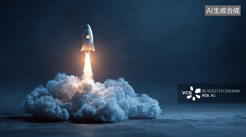 【AI数字艺术】夜空中火箭点火升空伴随厚重云层的震撼场景图片素材