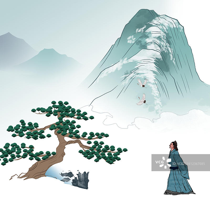 中国风新中式古风古典传统文化国学经典唐诗宋词中国画雪山雪景冬天冬季寒冷松树古人古时候意境风景插画图片素材