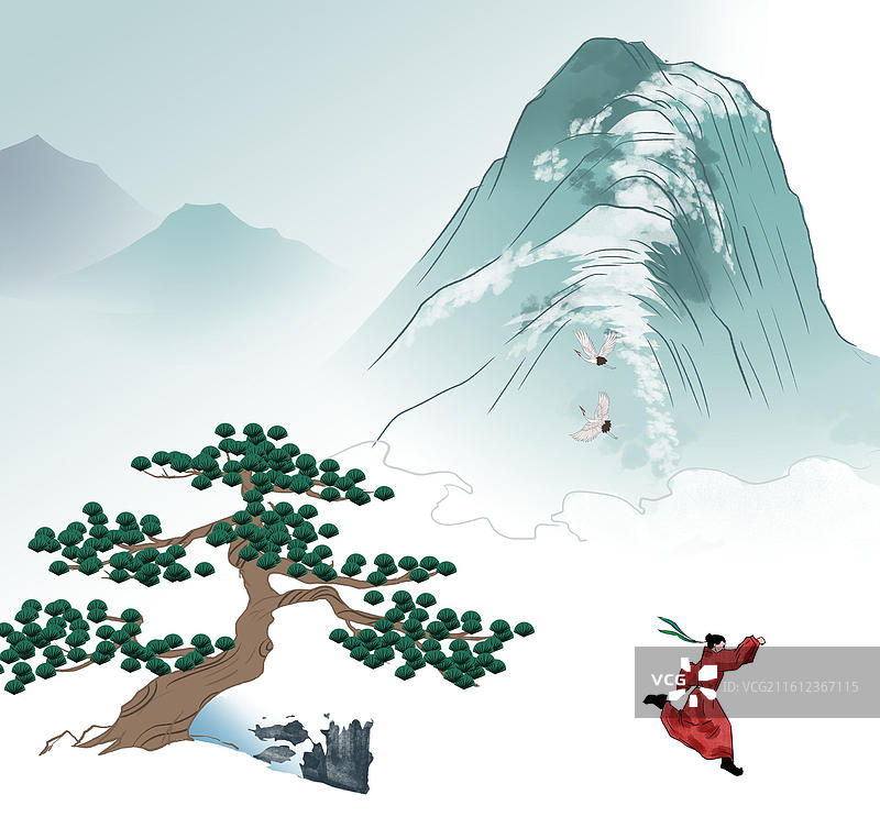 中国风新中式古风古典传统文化国学经典唐诗宋词中国画雪山雪景冬天冬季寒冷松树古人古时候意境风景插画图片素材