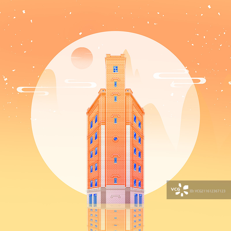 橘黄色新中式国潮风城市系列插画湖北武汉汉口水塔图片素材