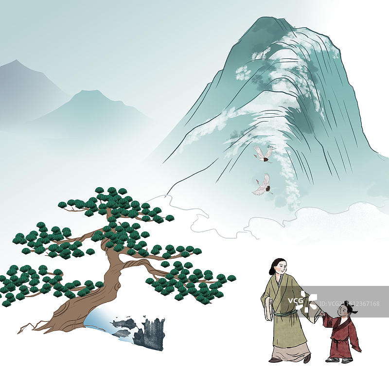 中国风新中式古风古典传统文化国学经典唐诗宋词中国画雪山雪景冬天冬季寒冷松树古人古时候意境风景插画图片素材