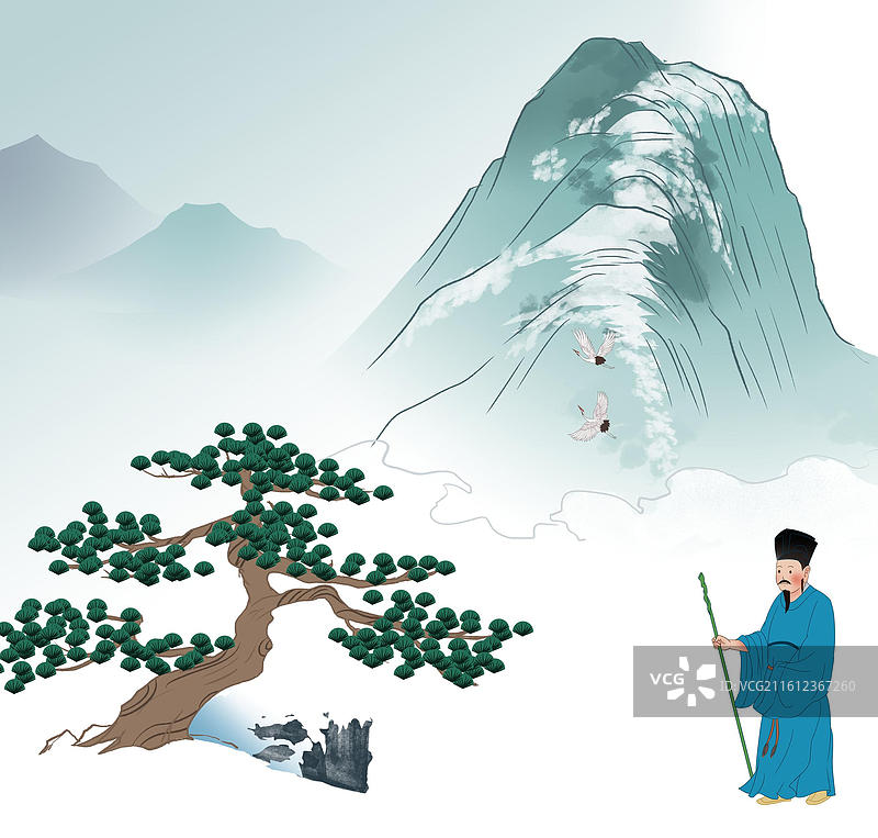 中国风新中式古风古典传统文化国学经典唐诗宋词中国画雪山雪景冬天冬季寒冷松树古人古时候意境风景插画图片素材