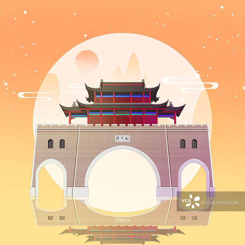 橘黄色新中式国潮风城市系列插画湖北武汉铁门关图片素材