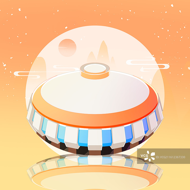 橘黄色新中式国潮风城市系列插画湖北武汉杂技厅图片素材