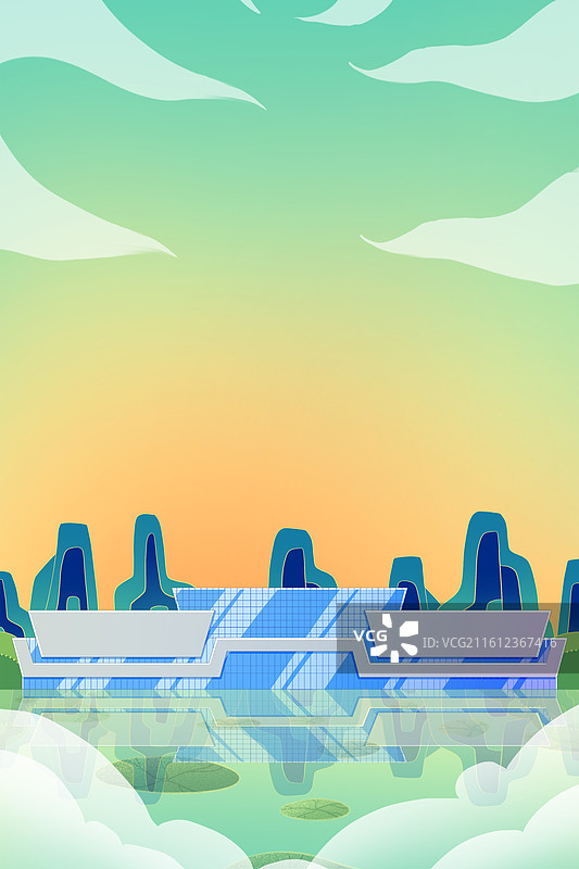 绿色新中式国潮风城市系列插画湖北省博物馆图片素材