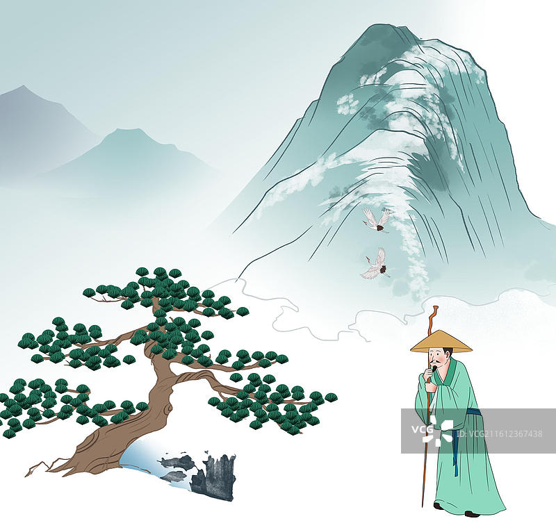 中国风新中式古风古典传统文化国学经典唐诗宋词中国画雪山雪景冬天冬季寒冷松树古人古时候意境风景插画图片素材