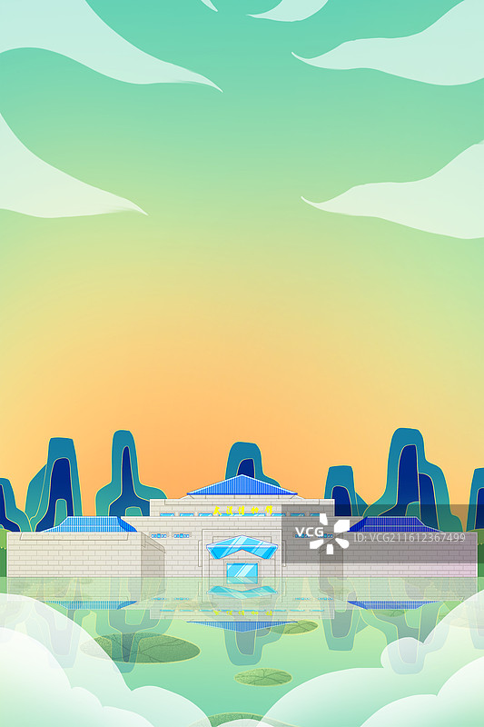 绿色新中式国潮风城市系列插画湖北武汉博物馆图片素材