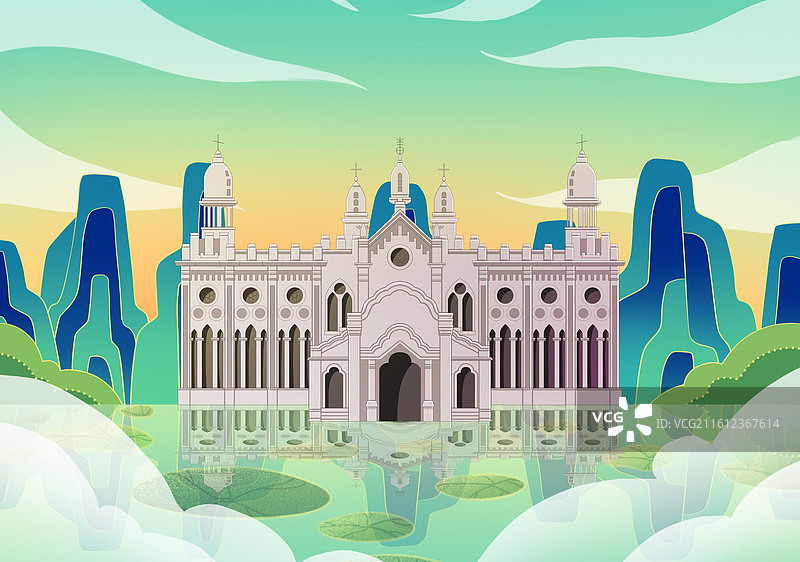 绿色新中式国潮风城市系列插画湖北武汉古德寺图片素材