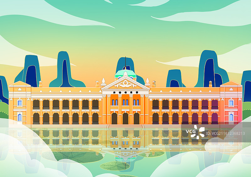 绿色新中式国潮风城市系列插画湖北武汉辛亥革命武昌起义纪念馆图片素材