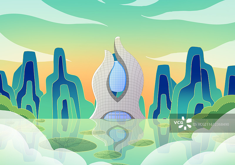 绿色新中式国潮风城市系列插画湖北武汉中国建筑科技馆图片素材