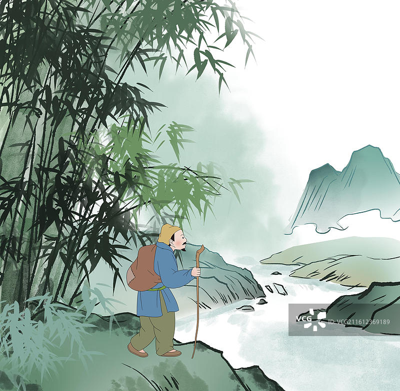 中国风新中式古风古典传统文化国学经典唐诗宋词中国画青绿山水竹子小溪古人生活插画图片素材