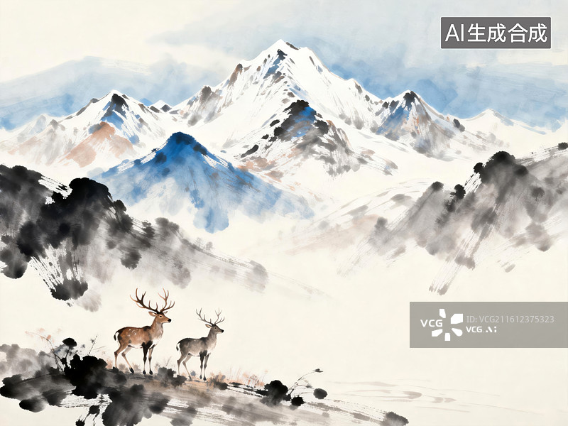 【AI数字艺术】雪山灵鹿水墨艺术画图片素材