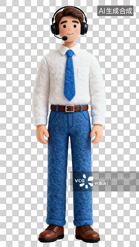 【AI数字艺术】3D渲染免抠图形元素卡通羊毛毡质感穿白衬衫系领带头戴耳机耳麦的男性客服人员形象图片素材