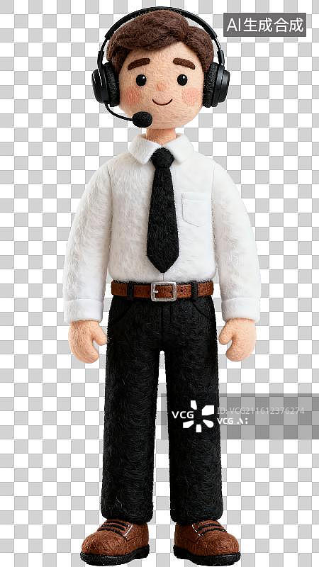 【AI数字艺术】3D渲染免抠图形元素卡通羊毛毡质感穿白衬衫系领带头戴耳机耳麦的男性客服人员形象图片素材