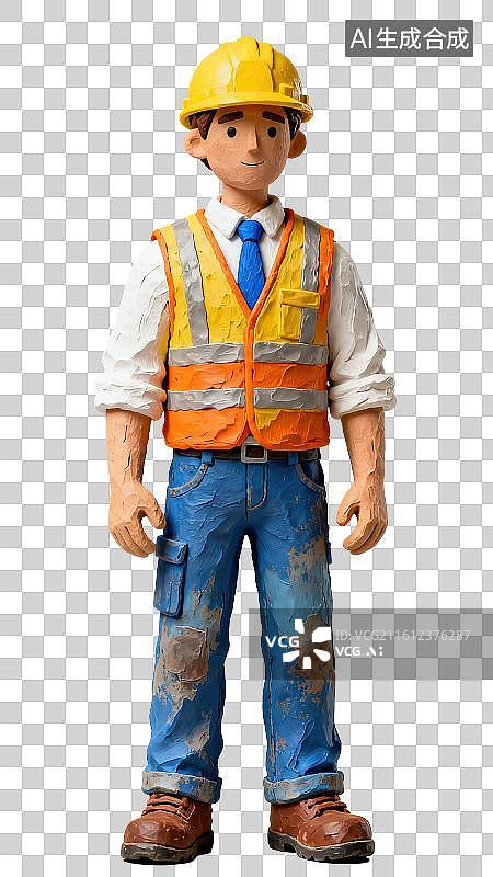 【AI数字艺术】3D渲染免抠图形元素卡通软粘土材质带黄色安全帽穿黄色反光衣的工程师工人形象图片素材