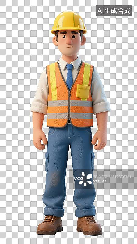 【AI数字艺术】3D渲染免抠图形元素卡通软粘土材质带黄色安全帽穿黄色反光衣的工程师工人形象图片素材