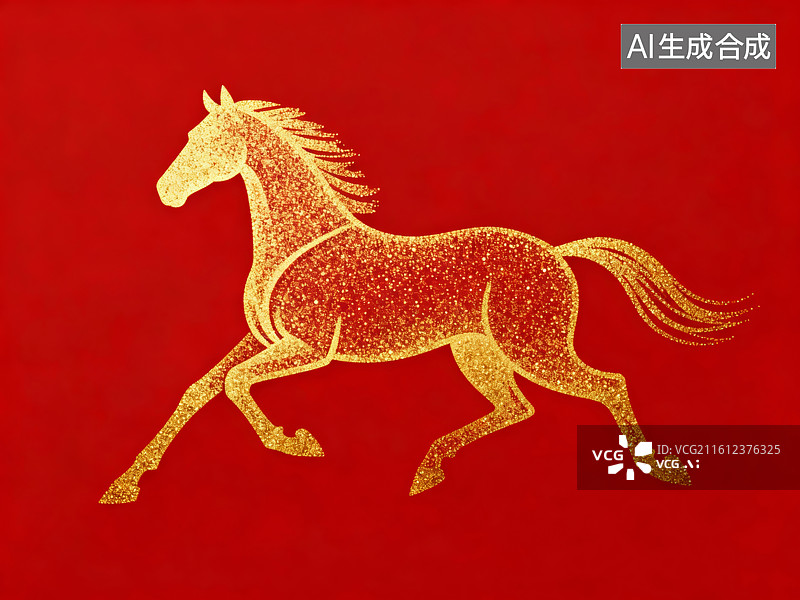 【AI数字艺术】金色闪光马剪影红色背景图片素材