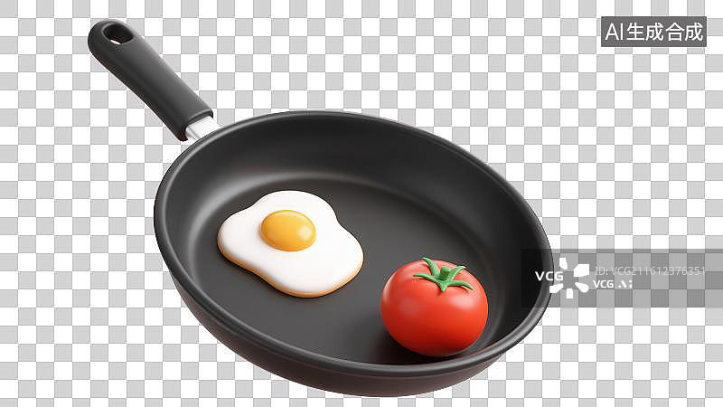 【AI数字艺术】3D渲染免抠图形元素卡通不粘锅煎蛋和西红柿图片素材