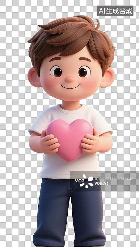 【AI数字艺术】3D渲染免抠图形元素穿着白色短袖上衣手里抱着粉色爱心的可爱卡通男孩图片素材