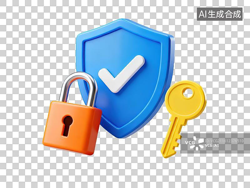 【AI数字艺术】3D渲染免抠图形元素卡通带有白色对钩的蓝色盾牌和金属锁头与钥匙图片素材