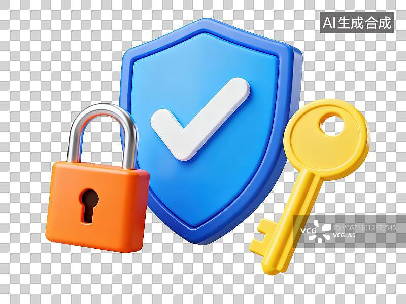 【AI数字艺术】3D渲染免抠图形元素卡通带有白色对钩的蓝色盾牌和金属锁头与钥匙图片素材