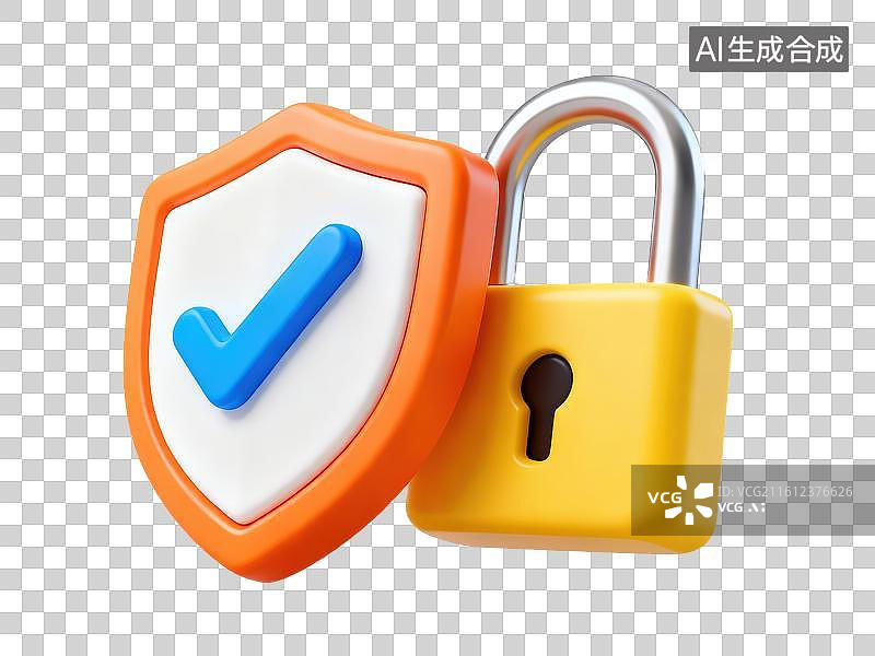 【AI数字艺术】3D渲染免抠图形元素卡通带有蓝色对钩的橙边白色盾牌和黄色金属锁头图片素材