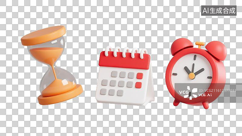 【AI数字艺术】3D渲染免抠图形元素卡通闹钟日历及沙漏，时间主题概念元素图片素材