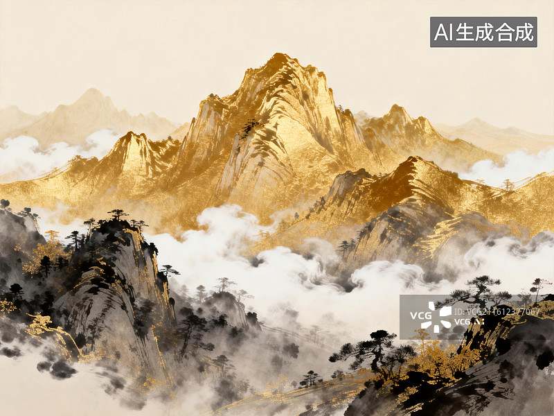 【AI数字艺术】金山云海水墨山水图图片素材