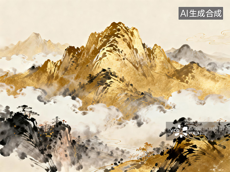 【AI数字艺术】金山云海水墨山水图图片素材