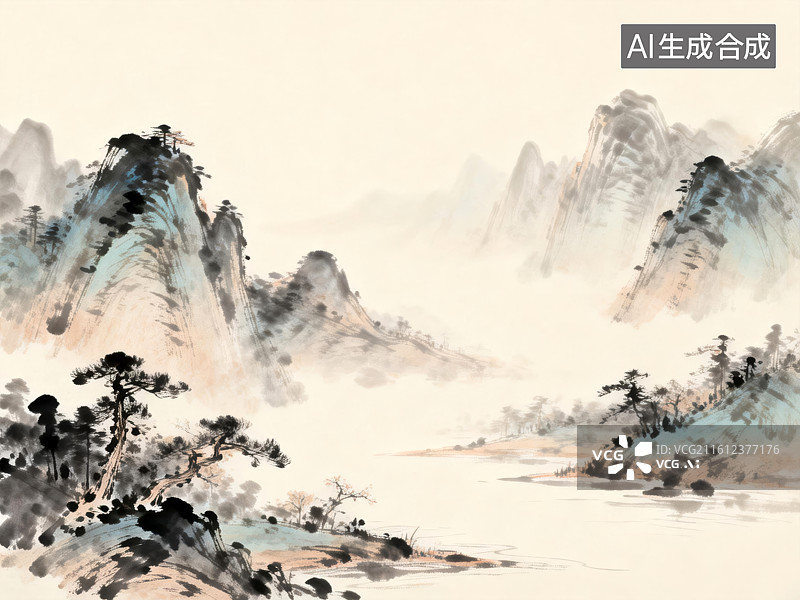【AI数字艺术】山水意境水墨画图片素材