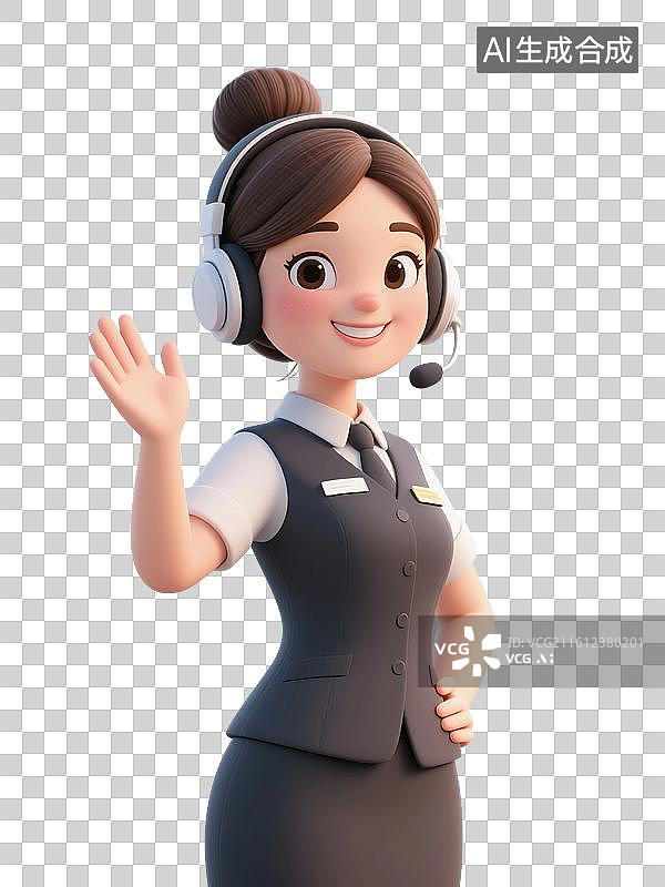 【AI数字艺术】3D渲染卡通人物，客服，戴着耳麦的讲解员，导游，解说员，免抠元素图片素材
